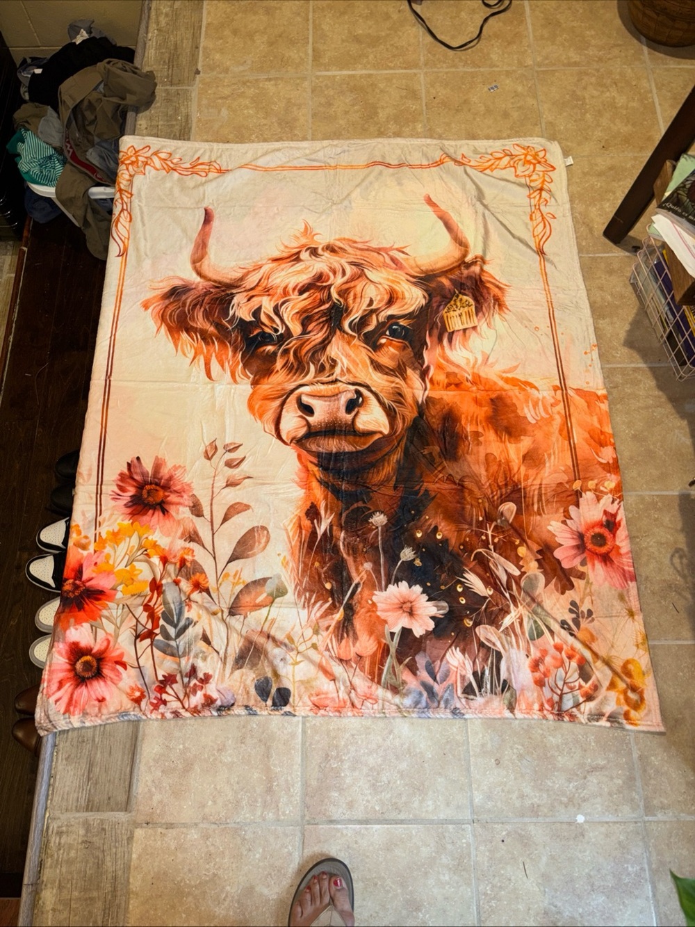 Cozy Highland Cow Floral Throw Blanket - Orange